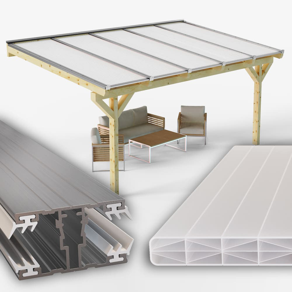 Dachhaut Alu/Alu mit Polycarbonat Stegplatten 16 mm X-Struktur opal/weiß