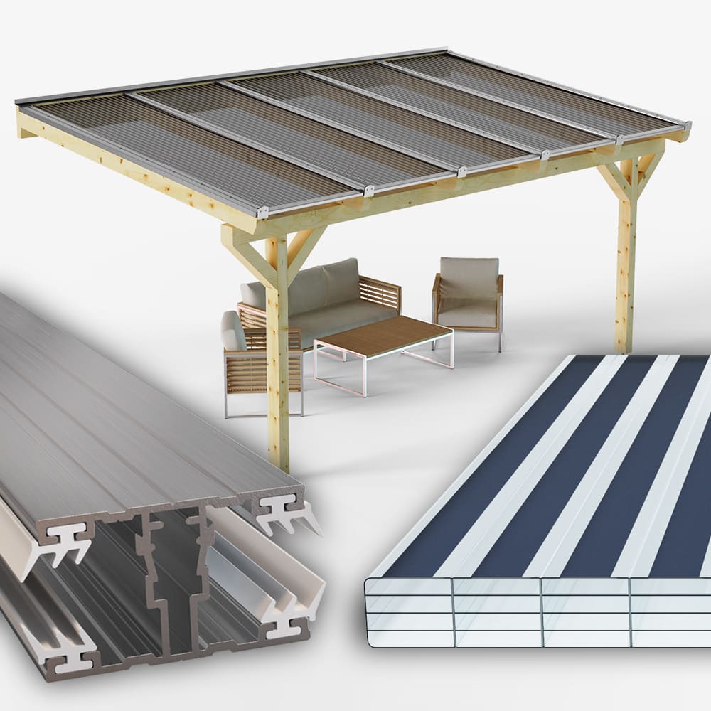 Dachhaut Alu/Alu mit Polycarbonat Stegplatten 16 mm gestreift klar/graphit